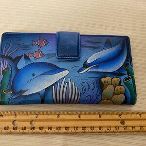 Anna by Anuschka Bifold Leather Wallet Hand Painted Many CC Slots & Pockets EUC